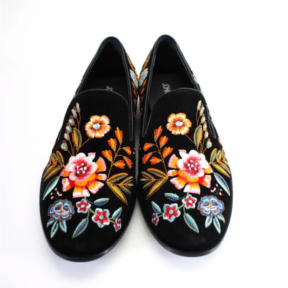 Johnny Was Black Velvet Floral Embroidered Slip-Ons